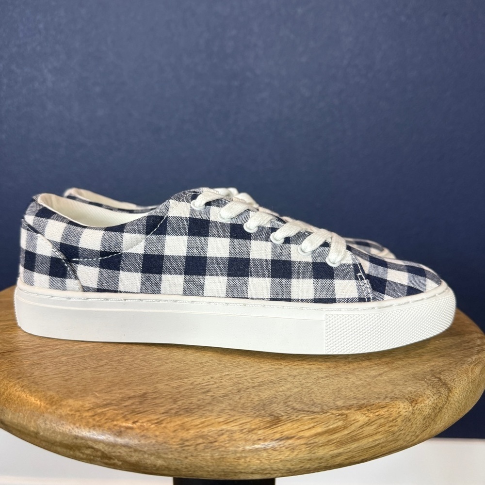 J. Crew NWT Navy Gingham Printed Canvas Sneakers | Size 6.5 - Picture 4 of 8